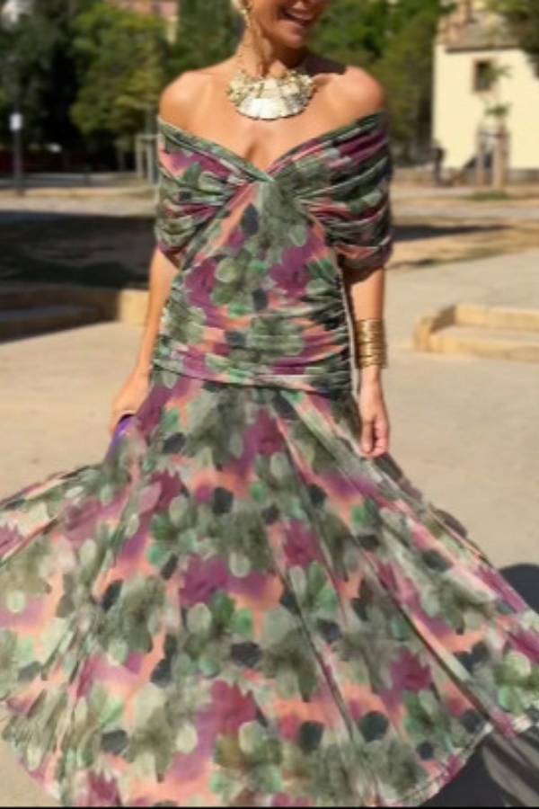 Off-Shoulder V-Neck Twist Knot Tie-Dye Print Slim Fit Maxi Dress