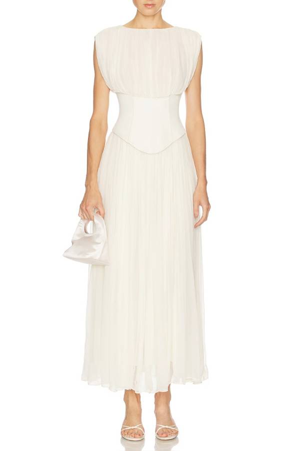 Boned Corset Waist Pleated Sleeveless Maxi Dress