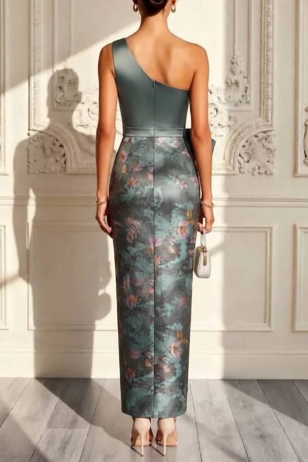 Cyan Jacquard Bow Satin One Shoulder Sleeveless Maxi Dress