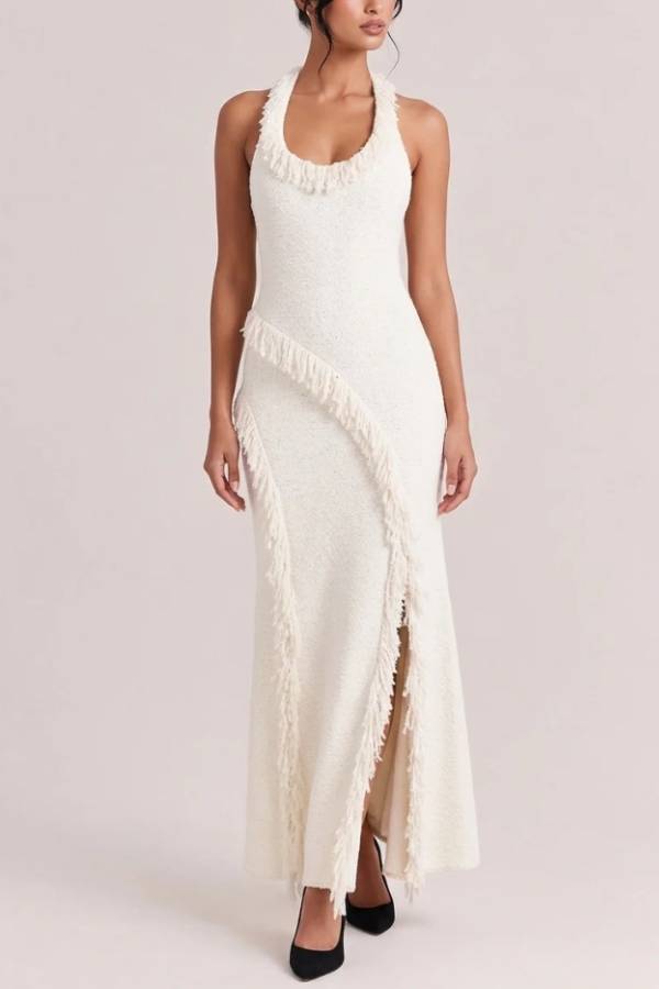 Tweed Knit Scoop Neck Sleeveless Fringe Trim Slit Maxi Dress