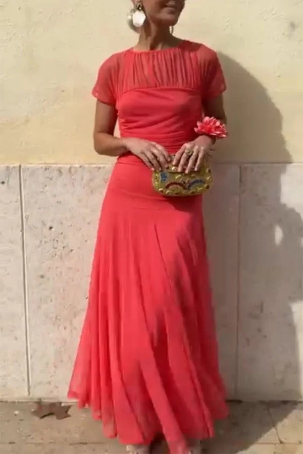 Chic Illusion Yoke Short Sleeve Flowy Long Dress