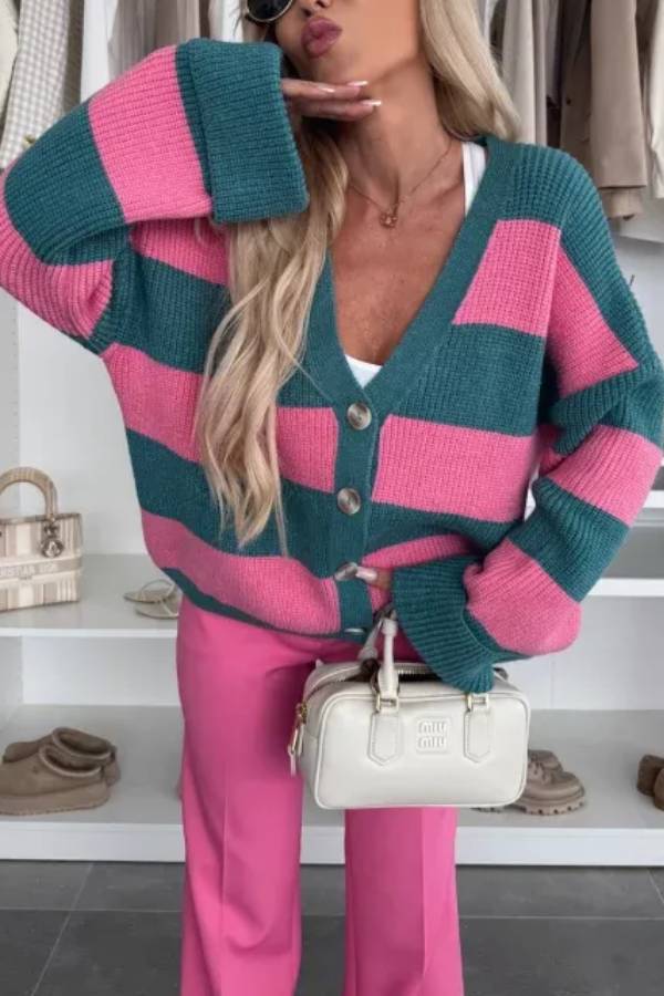 Fashion Contrast Striped Casual V-neck Long-sleeved Knitted Cardigan