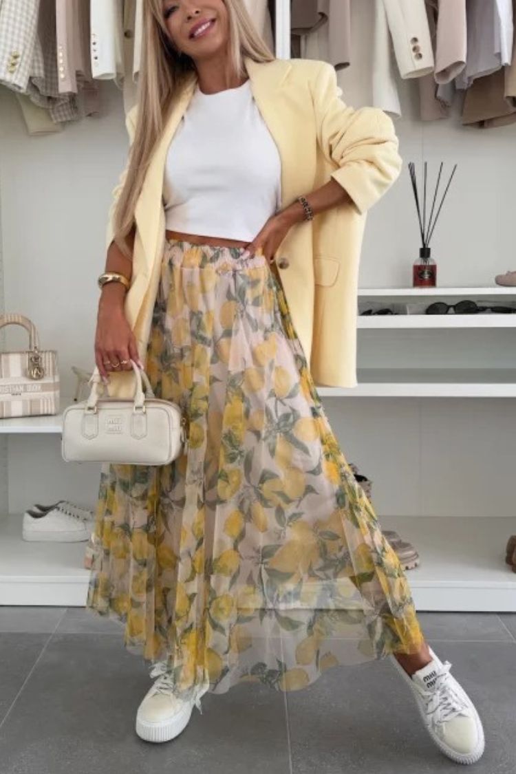 Summer Lemon Print Elastic Waist Tulle Holiday Midi Skirt