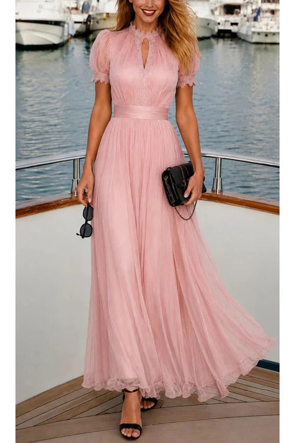 Lamberty Chiffon Lace Trim Cutout Neck Puff Sleeve Elastic Waist Maxi Dress