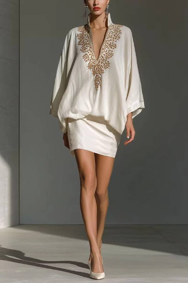 White V Neck Loose Elegant Mini Skirt Set