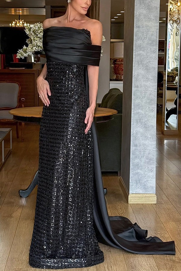 Lauren Satin and Sequin Embroidered Fabric Off Shoulder Shawl Maxi Dress