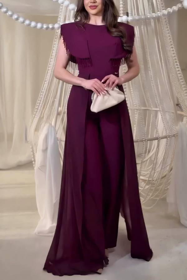 Fringe Cape & Chiffon Train Wide‑Leg Pants Formal Two‑Piece Set