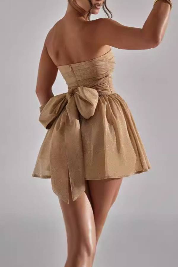 Strapless Sequined Bow Puffy Miniskirt