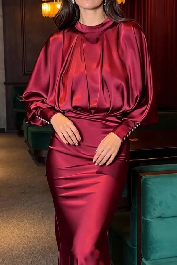 High Neck Bishop Sleeve Gathered Bodice Satin Maxi Dress