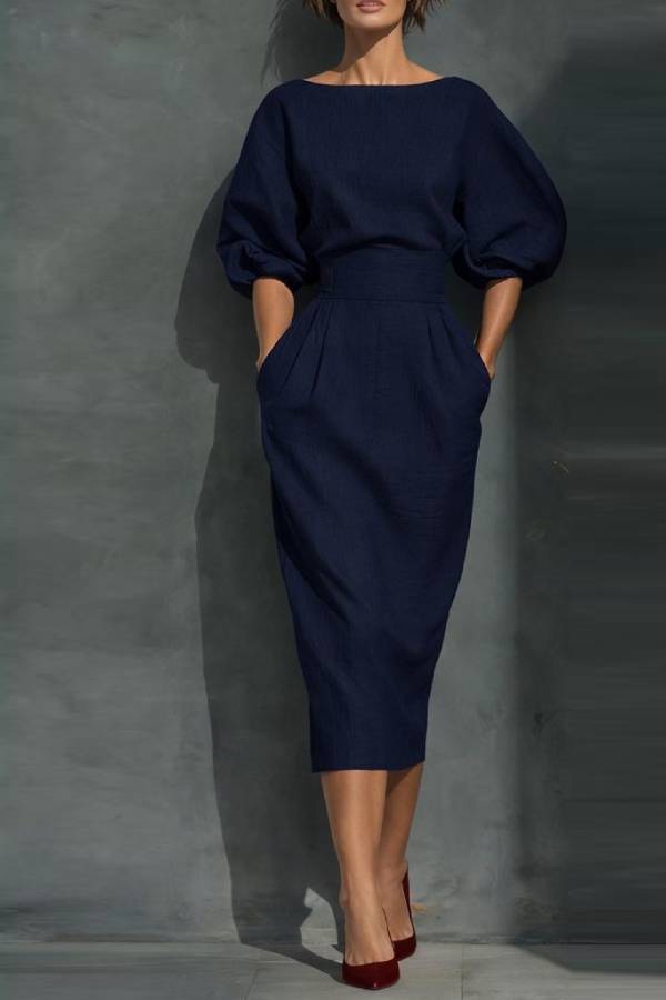 Boat Neck Puff Sleeve Waisted Midi Dress