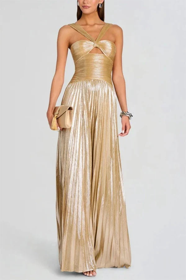Solace Pleated Metallic Fabric Halter Neck Cutout Flowy Maxi Dress
