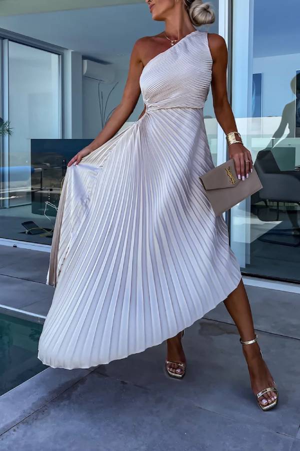 One-Shoulder Pleated Cutout Flare Maxi Dress