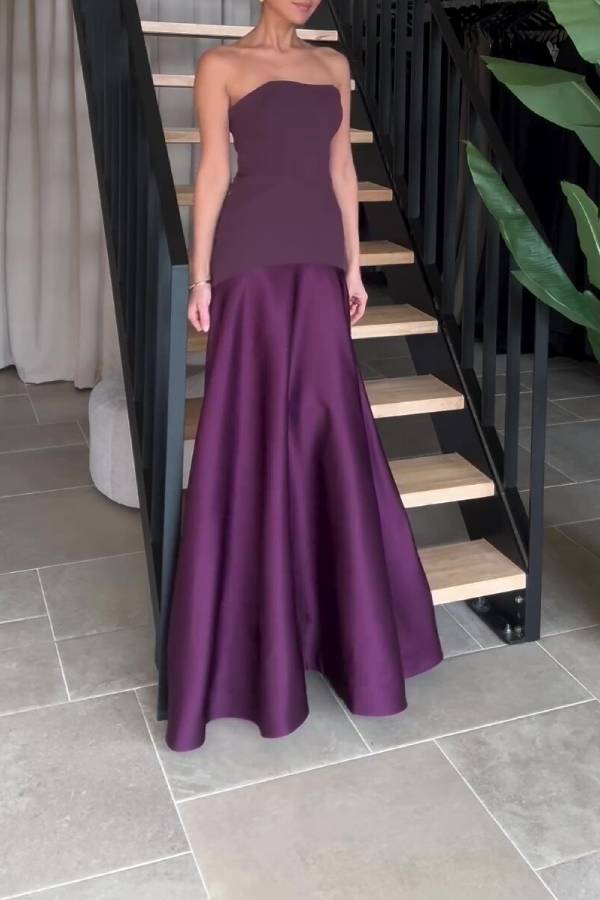 TIMELESS ELEGANCE SATIN PATCHWORK STRAPLESS FLARE GOWN MAXI DRESS
