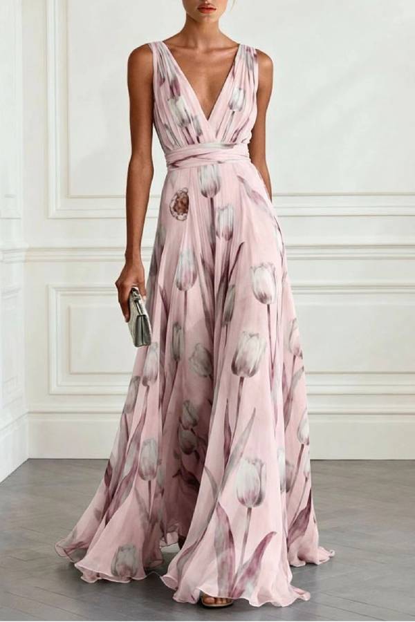 Elegant Tulip Print V-neck Maxi Dress