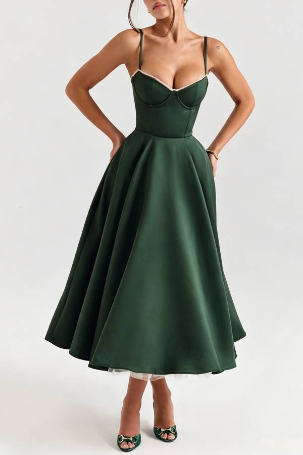 Lace Trim Corset Satin Midi Swing Dress