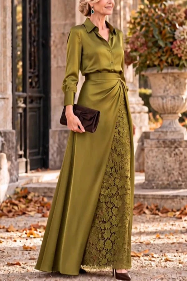 Jazmine Satin Long Sleeve Blouse and High Rise Slit Lace Maxi Skirt Set