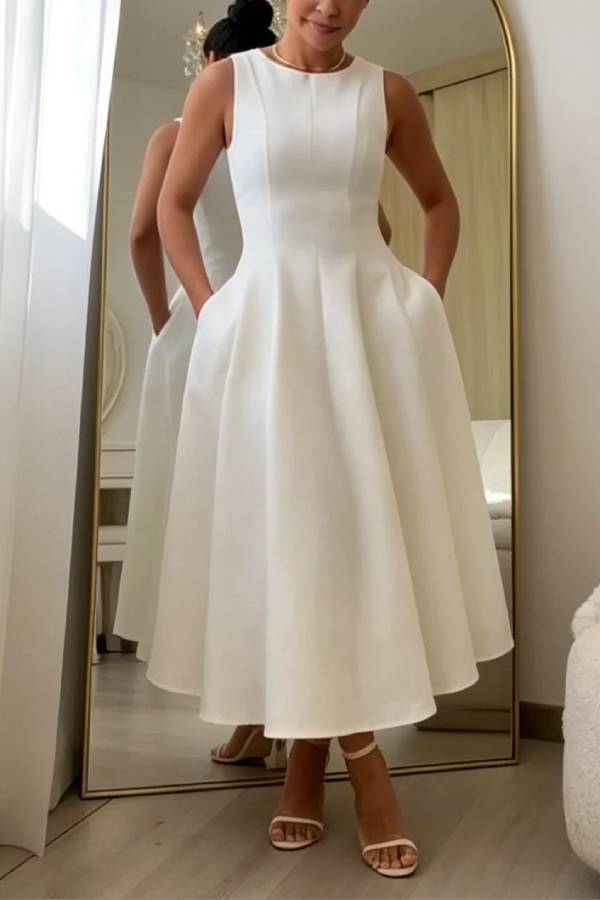 White Sleeveless Fit-and-Flare A-Line Midi Dress With Pockets