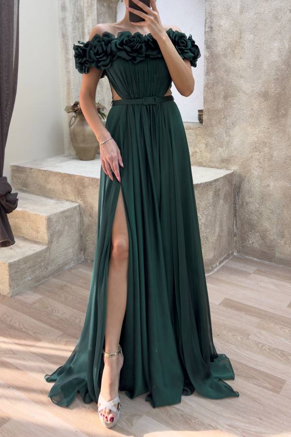 Strapless Chest Rose Waist Detail Design Evening Dress