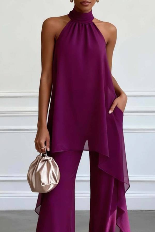 Halter Neck Chiffon Draped Top & Flared Pants Party Two‑Piece Set