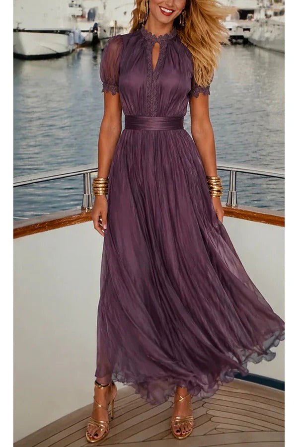Lamberty Chiffon Lace Trim Cutout Neck Puff Sleeve Elastic Waist Maxi Dress
