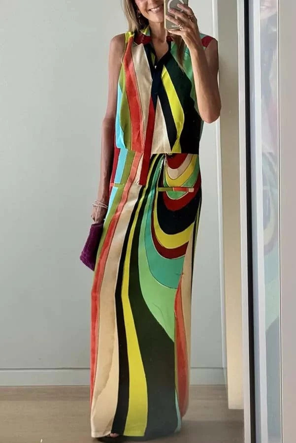 Bold and Elegant Colorful Print Button Up Pocket Shirt Slit H-line Maxi Dress