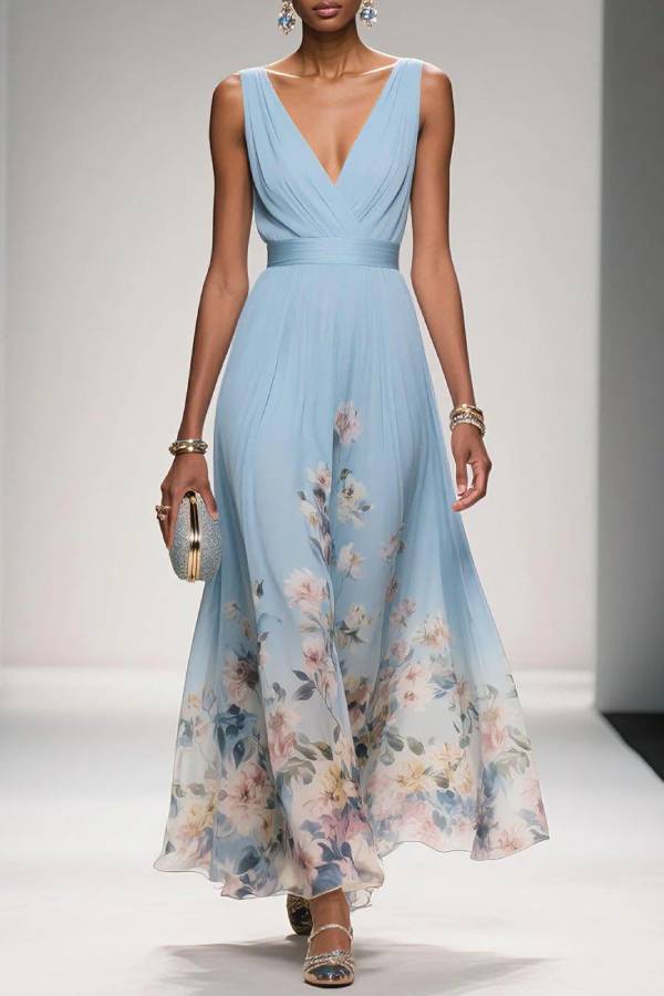 Light Blue Floral Chiffon V Neck Sleeveless A-Line Maxi Dress