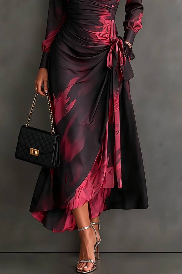 Black Red Abstract Print Wrap Collared Long Sleeve Tie‑Waist Hem Party Maxi Dress
