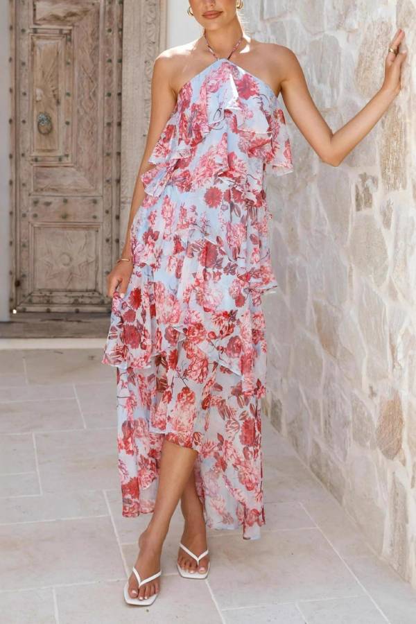 Halter Neck Layered Ruffle Printed Chiffon Maxi Dress
