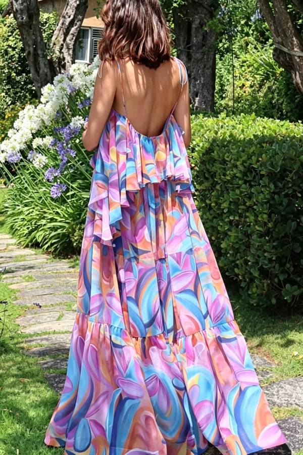 Francesca Chiffon Colorful Print Ruffle Neckline Slip A-line Maxi Dress
