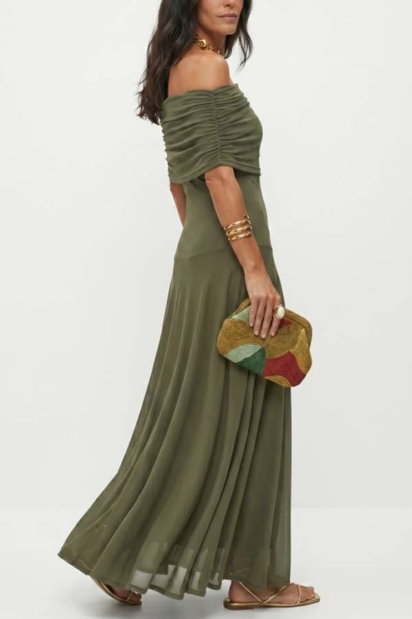 Women's One Shoulder Draped Mesh Maxi Dress in Abstract Print