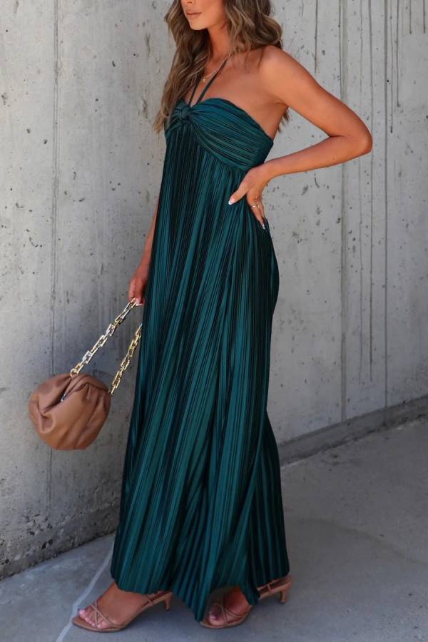 Raise A Toast Satin Plisse Halter Maxi Dress
