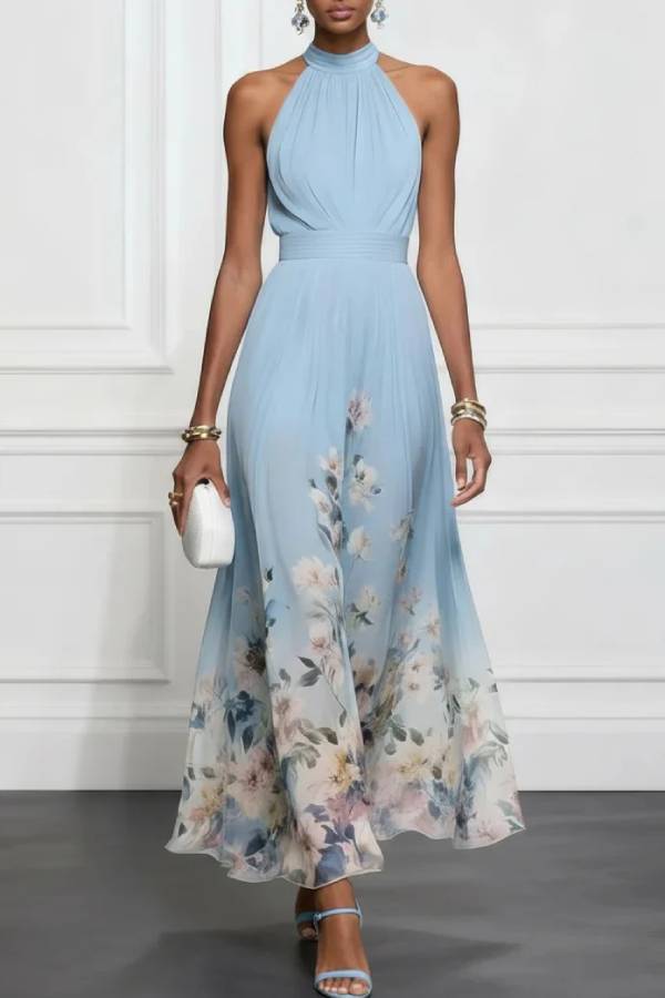 Light Blue Floral Chiffon Halter Sleeveless Maxi Dress
