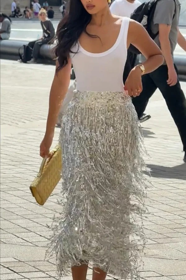 Evening Charm Layered Sequined Tassels High Rise Back Zipper Slit Midi Skirt
