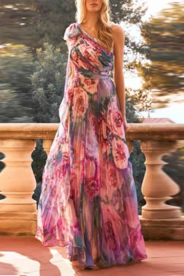 Watercolor Floral Print One-Shoulder Pleated Waist Long Evening Gown