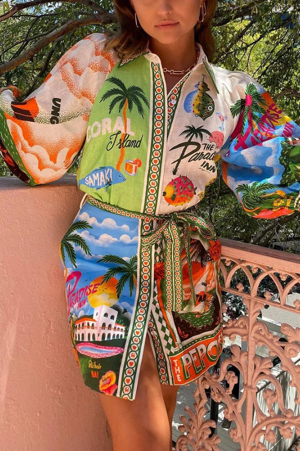 Puzzle Contrast Resort Print Mini Dress