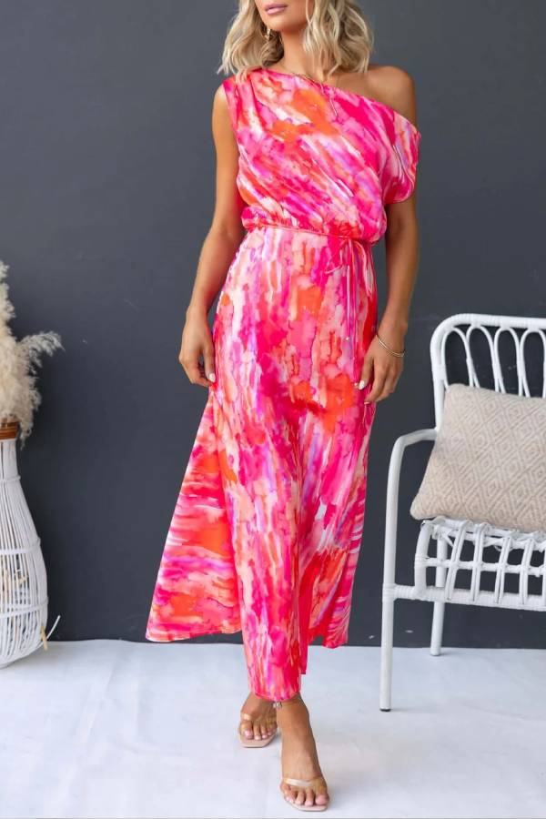 Tie-Dye One-Shoulder Drawstring Slit Satin Maxi Dress