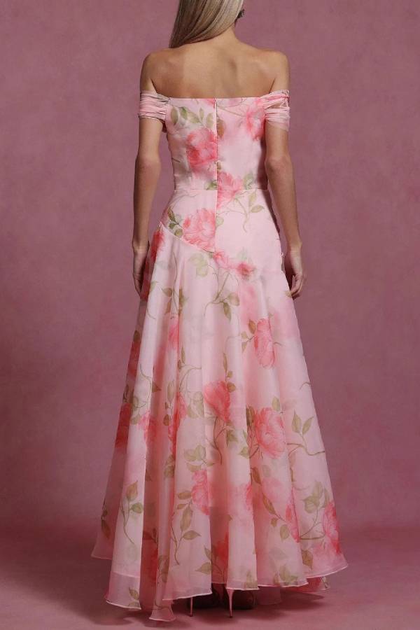 Pink Rose Print Off-the-Shoulder Gown with 3D Floral Detail