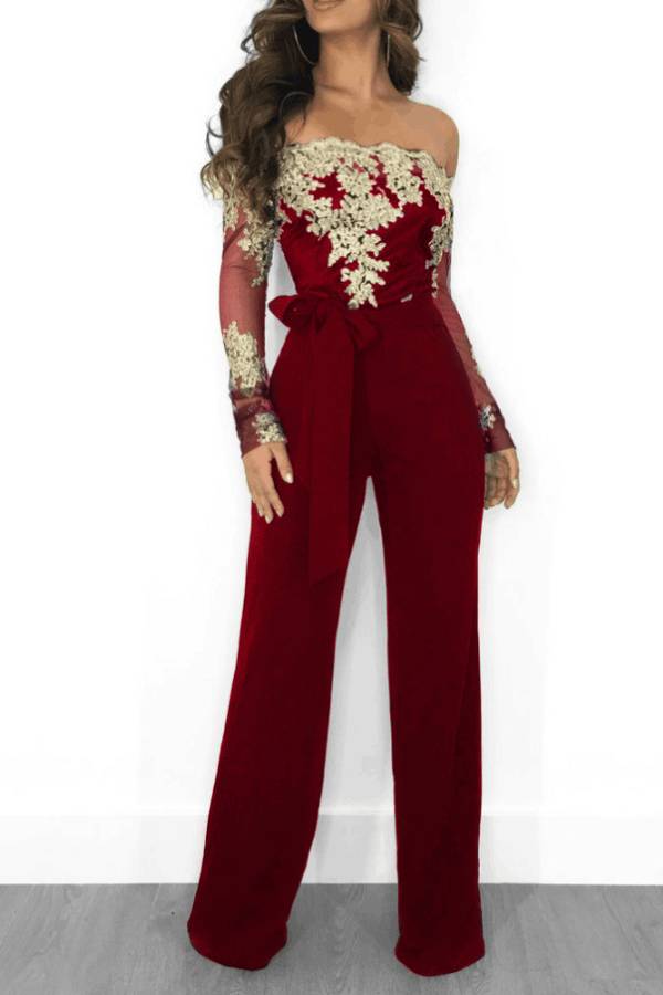 Off-the-shoulder lace wide-leg jumpsuit