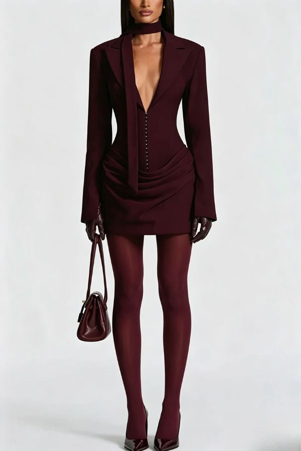 Solid Color Slim-fit V-neck Elegant Draped Formal Mini Dress