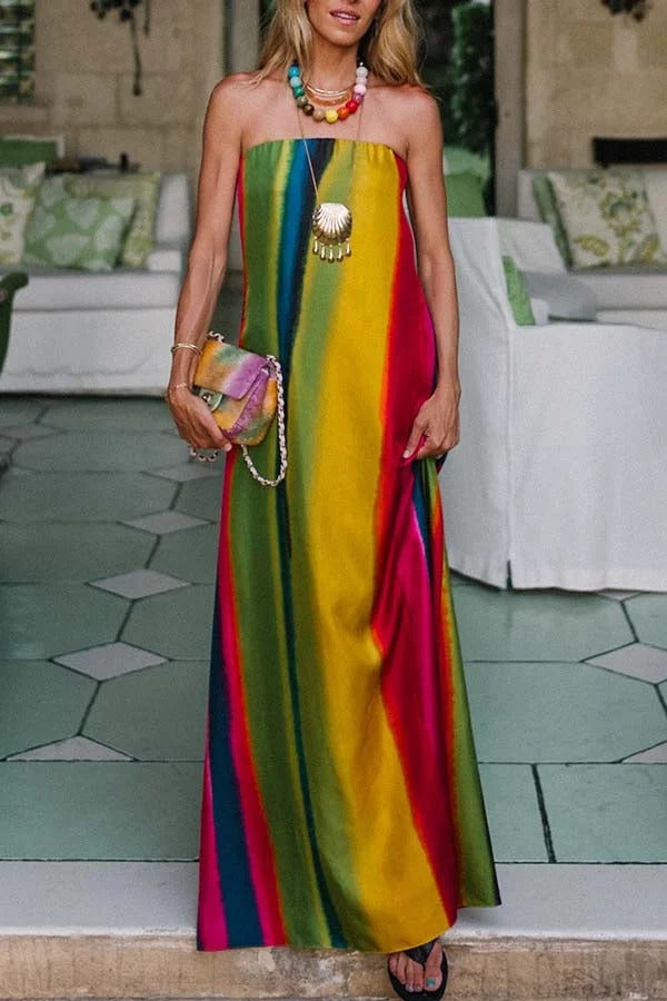 Artistic Rainbow Satin Watercolor Print Off Shoulder Pocketed H-line Maxi Dress