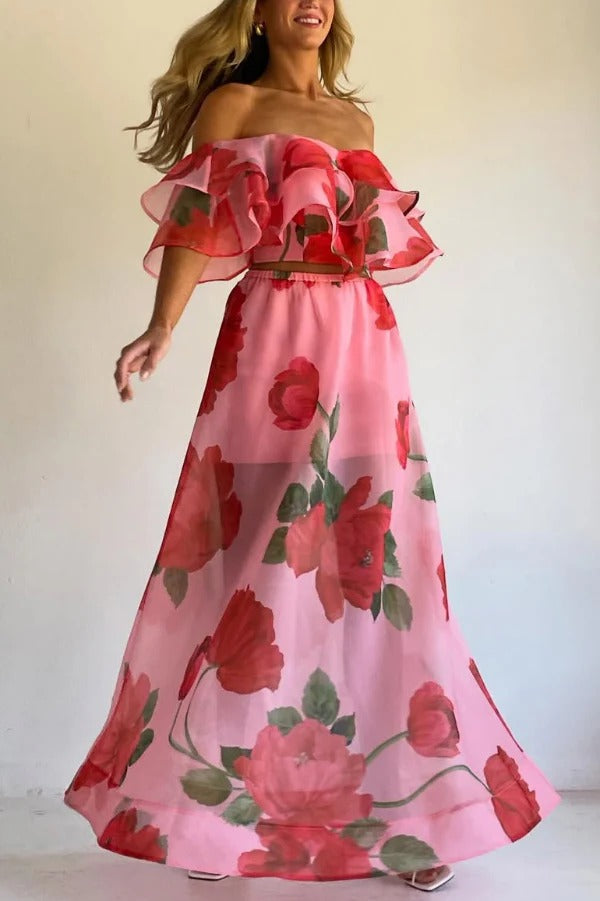 Floral Print Off-shoulder Ruffled Top and Elastic Waist Casual Maxi Skirt Set