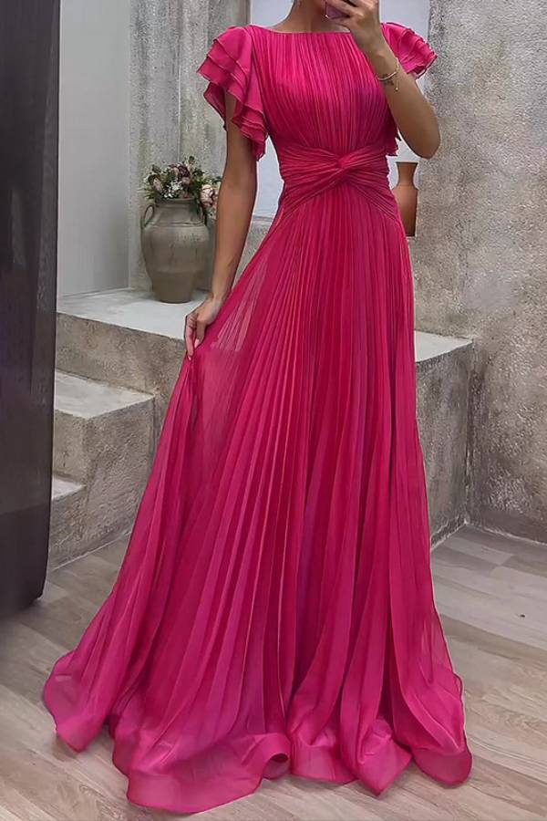 Square Neck Ruffle Sleeve Twist Waist Pleated Tulle Maxi Formal Dress