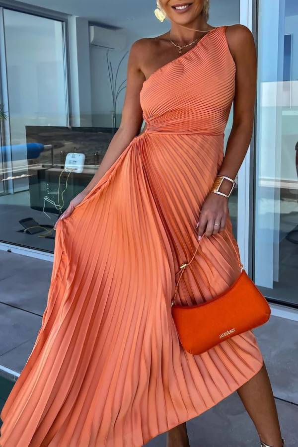 One-Shoulder Pleated Cutout Flare Maxi Dress