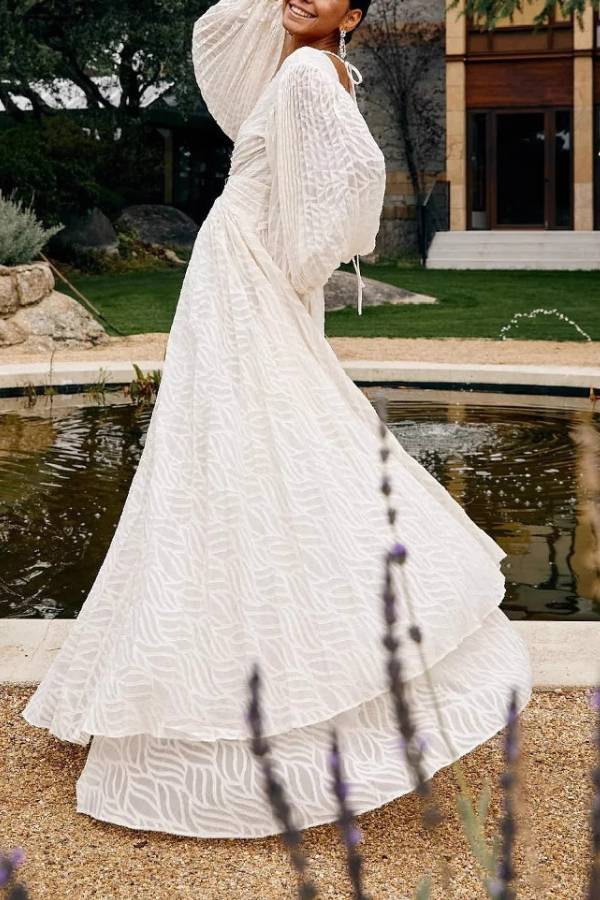 Textured Jacquard V Neck Puff Sleeve Backless Maxi Dress