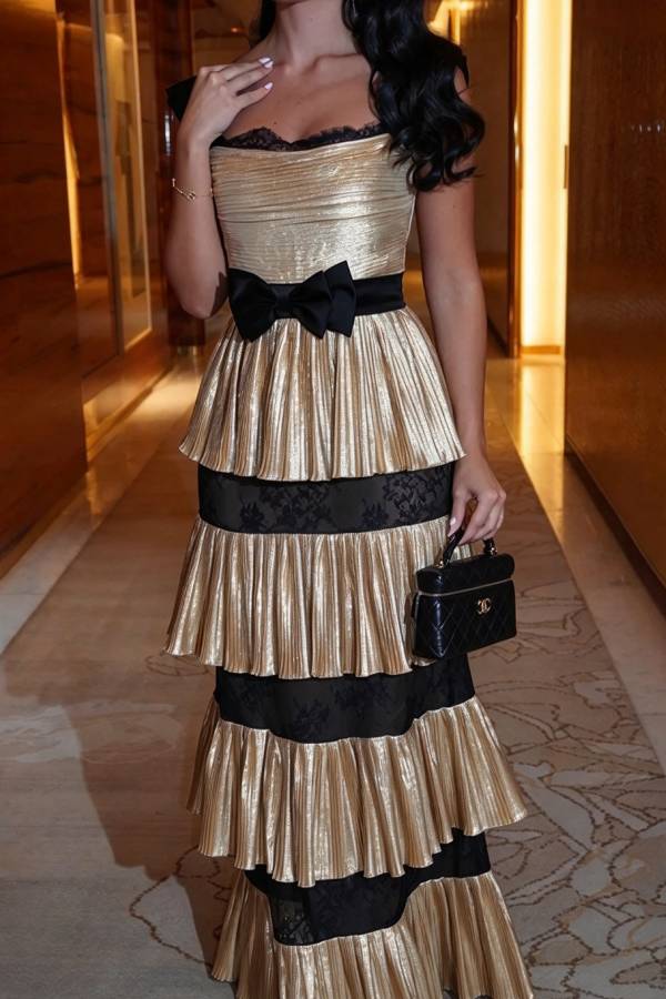 Golden Age Pleated Metallic Fabric Bow Color-block Tiered Hem Maxi Dress