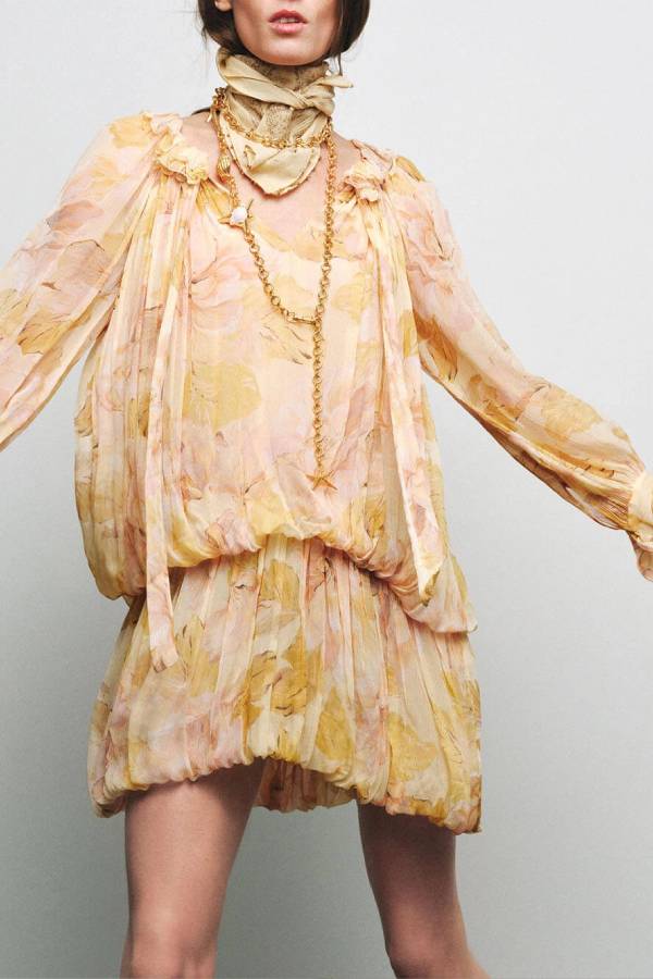 Beautiful Butterfly Kisses Floral Balloon Sleeve Elastic Waist Puff Hem Mini Dress