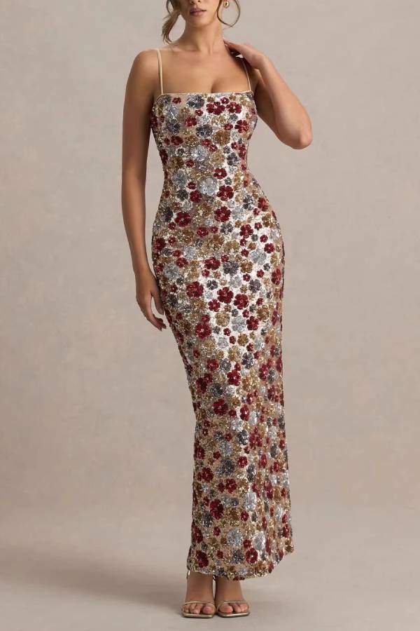 Thin Strap Square Neck Sequin Floral Slim Fit Mermaid Gown