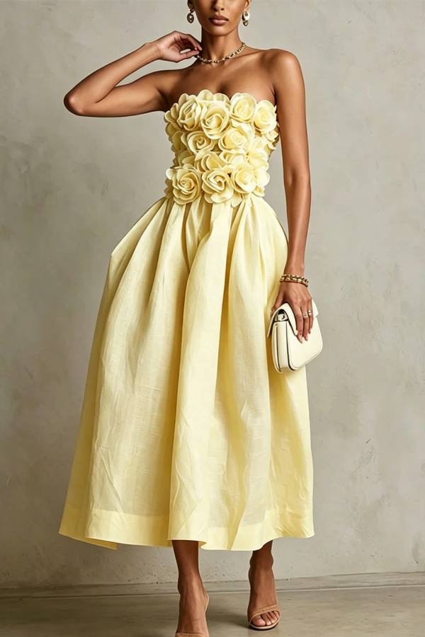 Seraphina 3D Rosette Strapless Midi Dress