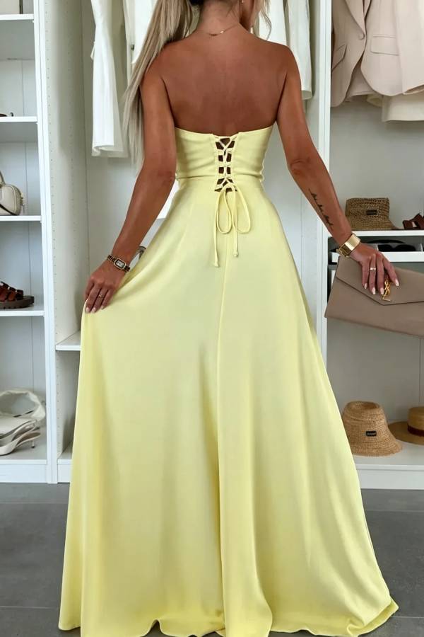 Strapless Draped Lace‑Up Back Slit Long Evening Dress