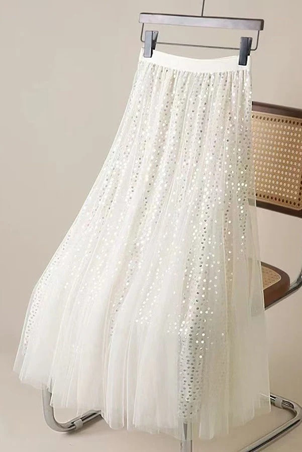 Dreamy French-style Sequined Tulle Elastic Waist A-line Maxi Skirt